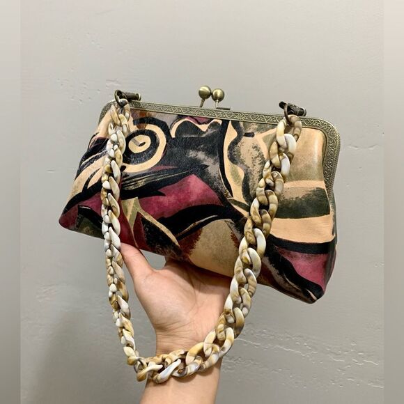 Abstract Print Cowhide Handmade Vintage Style Kisslock Clutch Bag, Crossbody - Picture 8 of 16